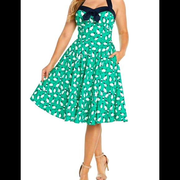 NWT Eva Rose vintage inspired rockabilly swing dress with halter cat print L - Picture 1 of 16